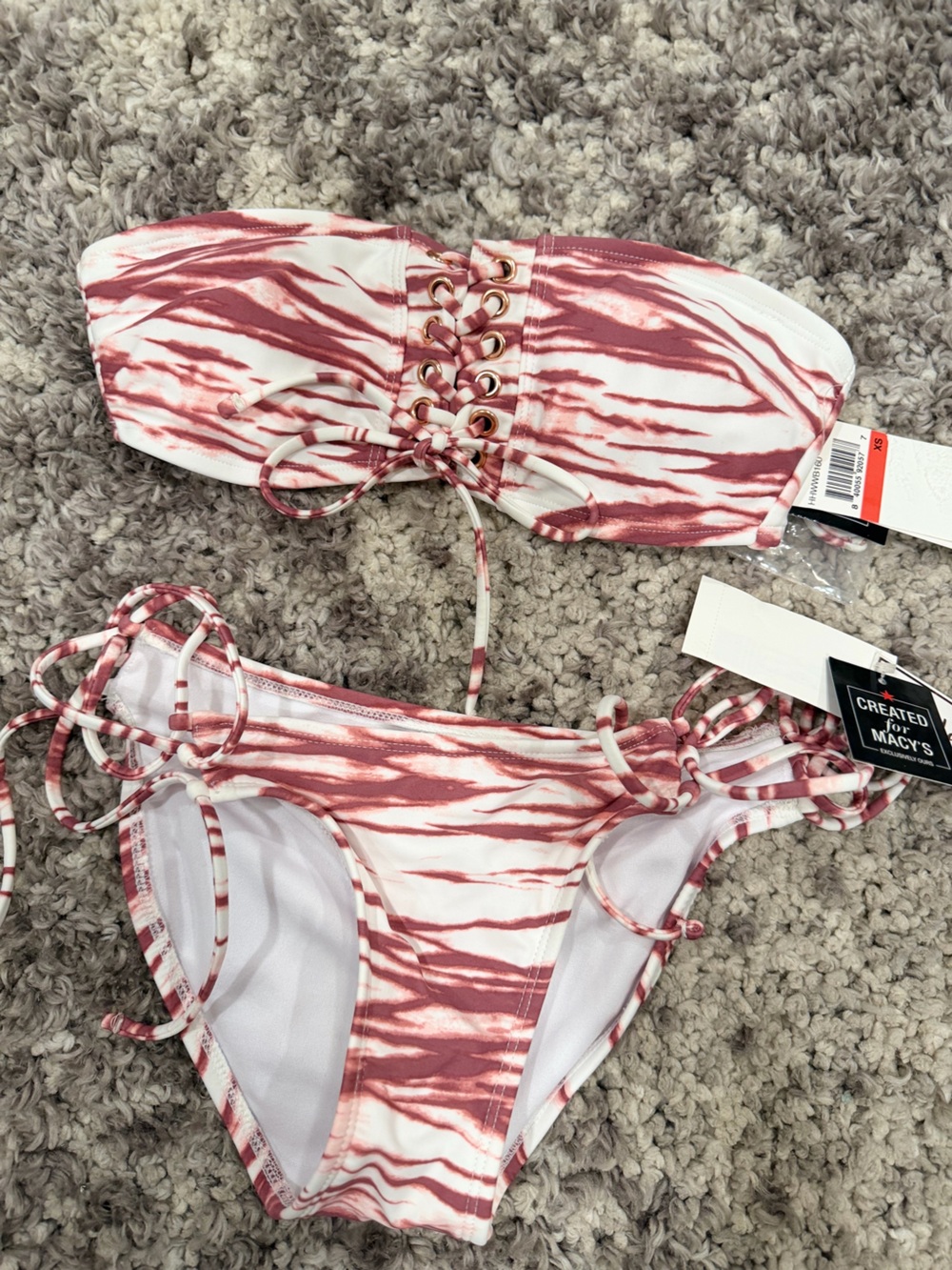Macy's White and Dusty Rose Tie-Side Lace-Up Bikini